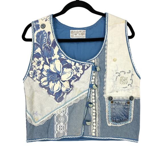 American Vintage Jackets & Blazers - Vintage Handmade Patchwork Denim Vest Womens Apx Sz M Blue White *AS IS READ